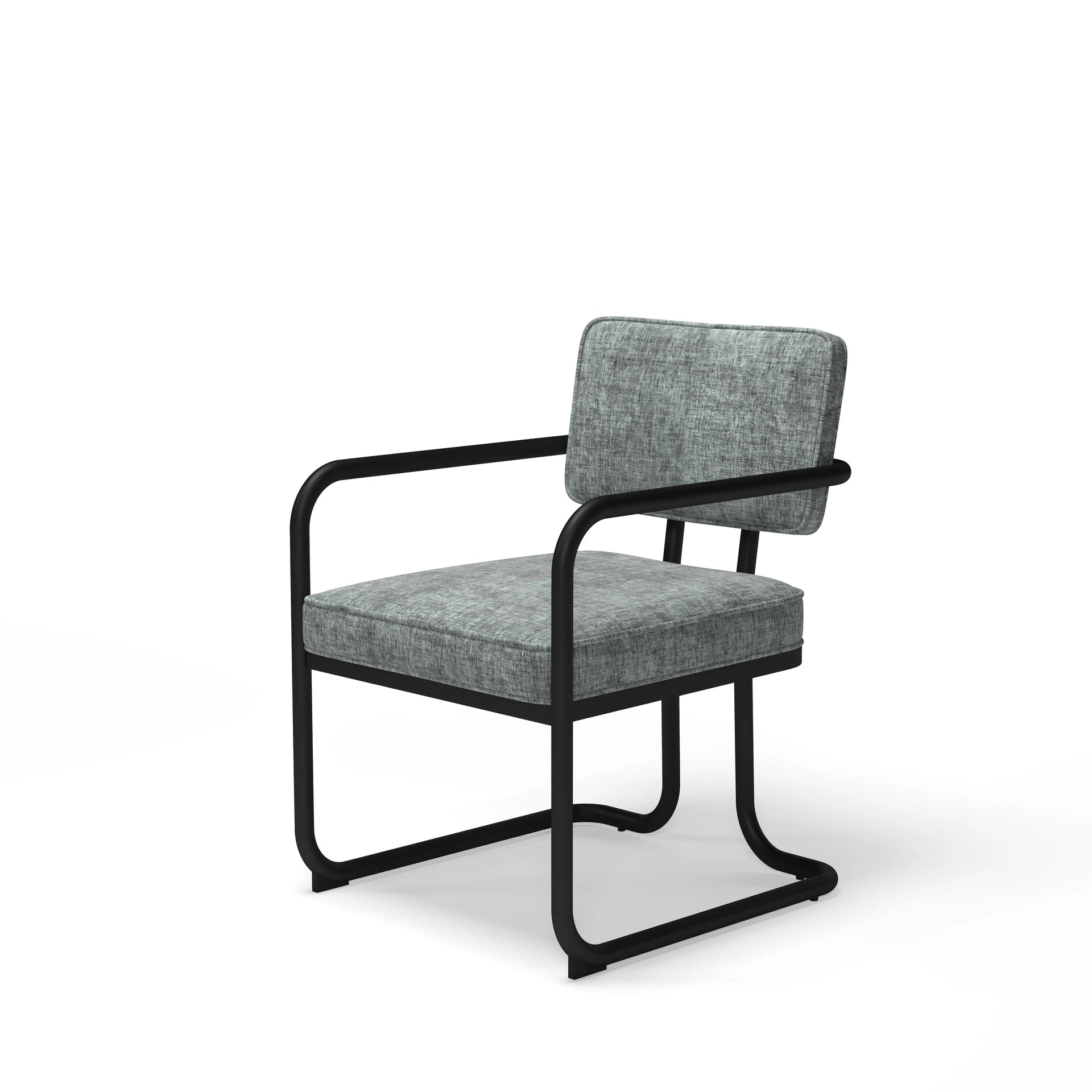RAM Game Room Prohibition Series dining chair with vintage gray fabric and matte black frame.