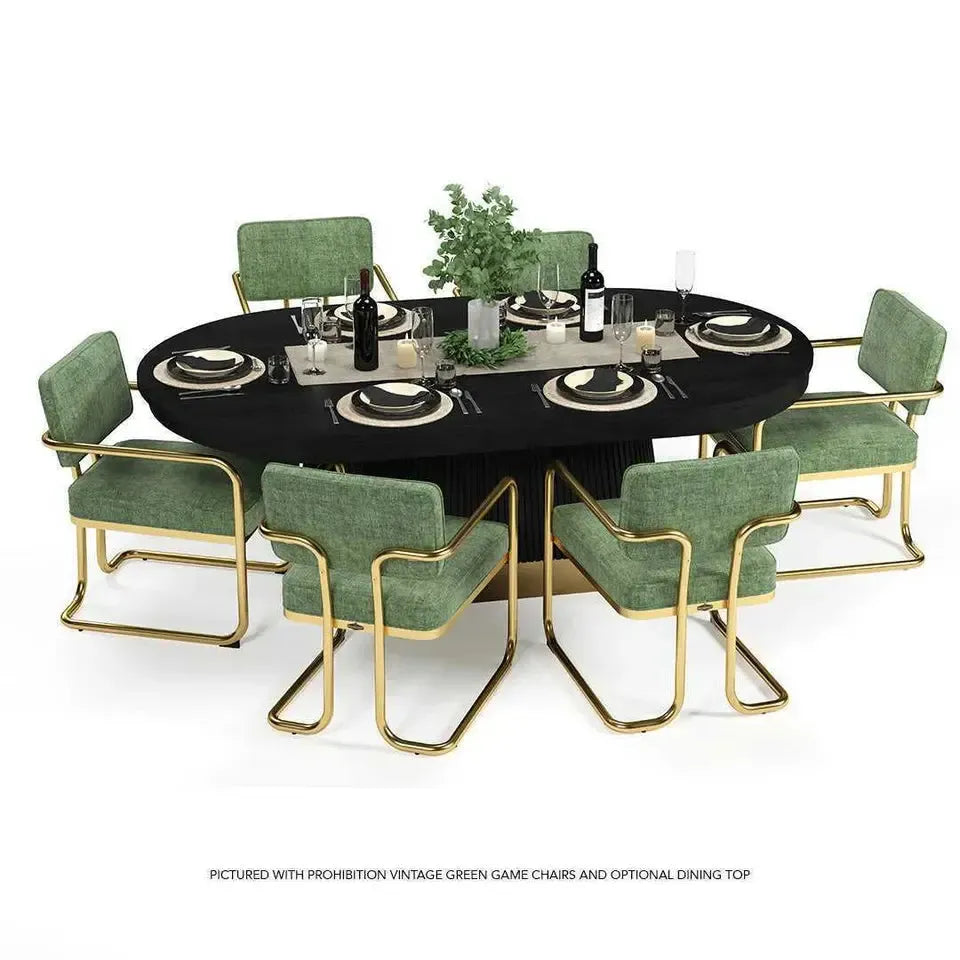 RAM Game Room Prohibition Series dining chair in vintage green with a brass frame, around a black oval table.