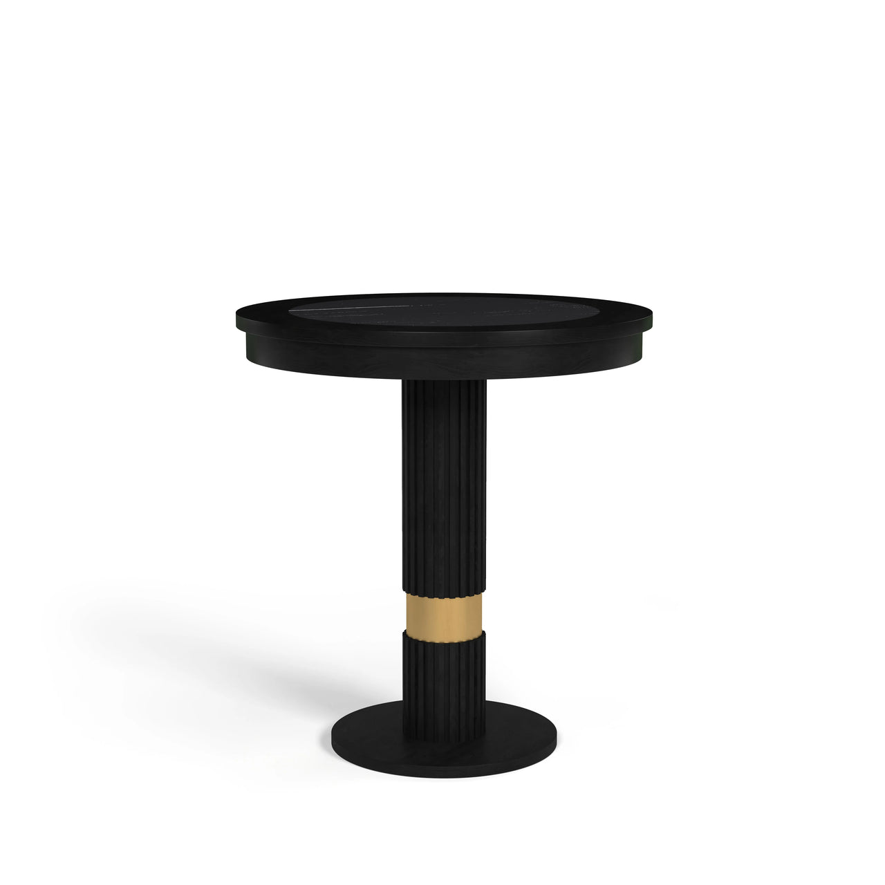 RAM Prohibition Series Pub Table, matt black, 30" wide top, textured laminate inlay, gold band accent.