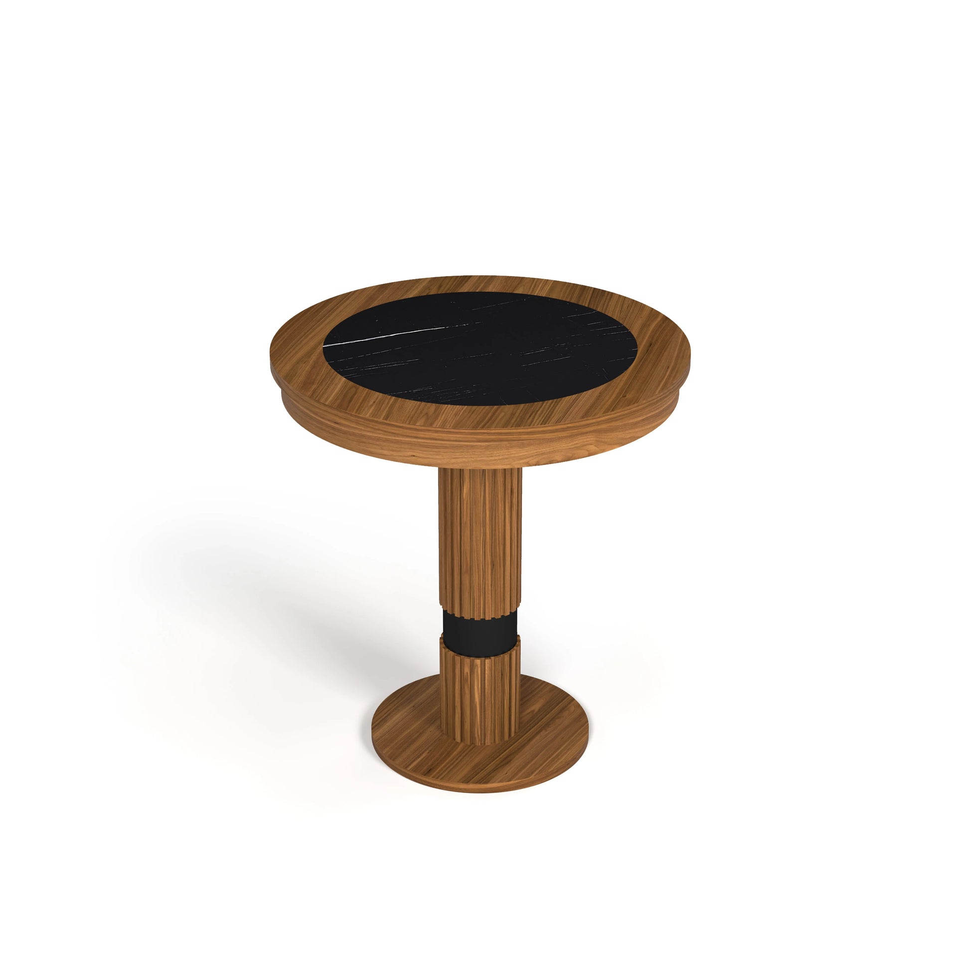 Prohibition Series Pub Table with round walnut wood base and textured black laminate top.