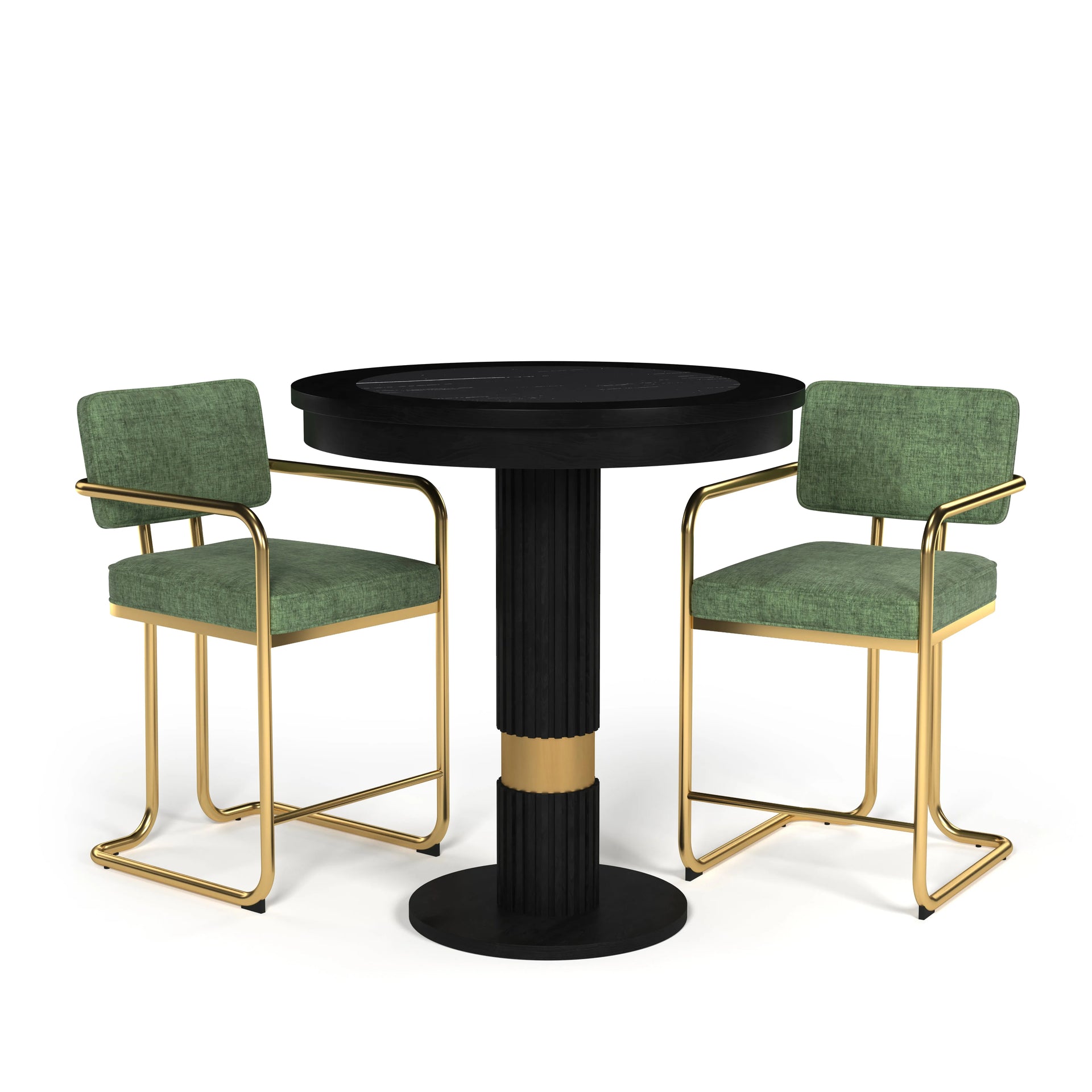 Matt black Prohibition Series pub table with textured laminate top and gold accent, flanked by two green bar stools.