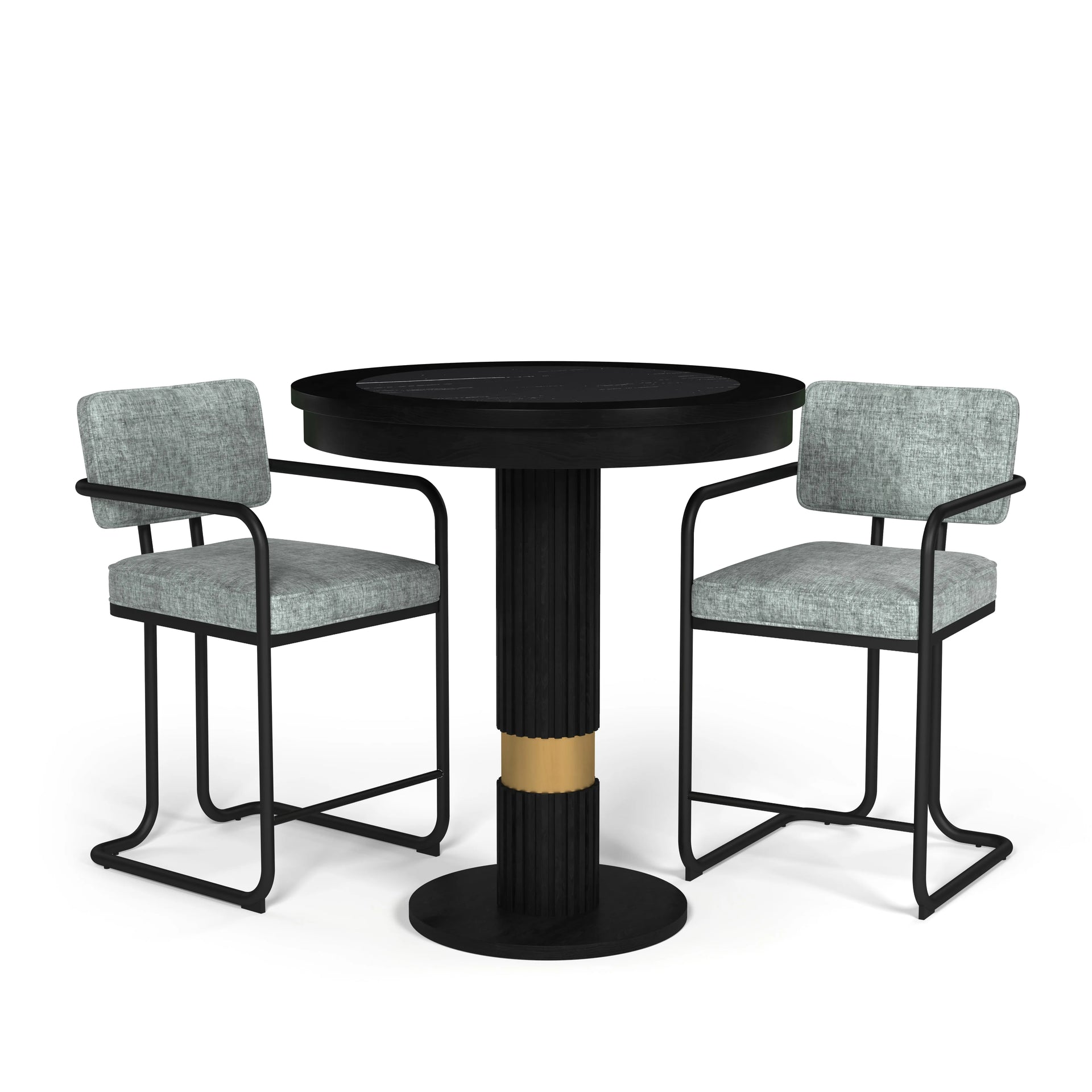 Black Prohibition Series pub table with textured laminate top and gold accent, flanked by two grey upholstered bar stools.