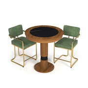 Walnut pub table with a black laminate top and two green upholstered bar stools with gold frames.
