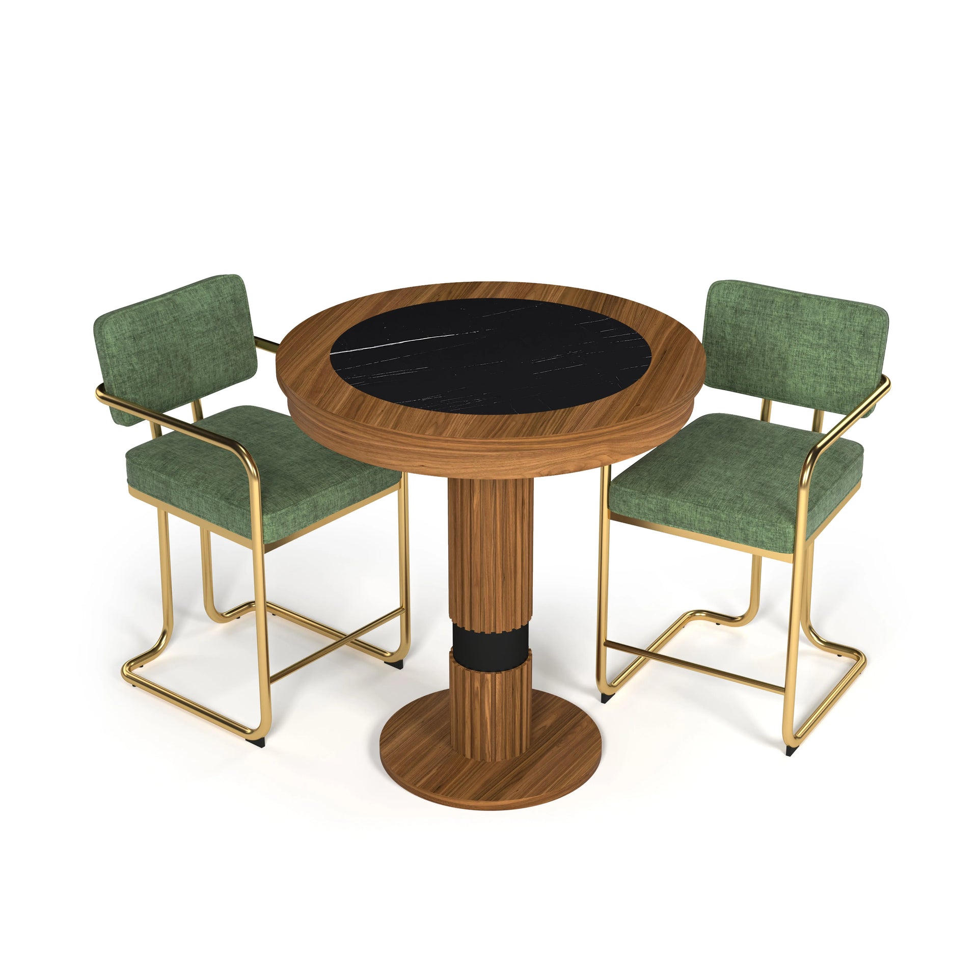 Walnut pub table with a black laminate top and two green upholstered bar stools with gold frames.