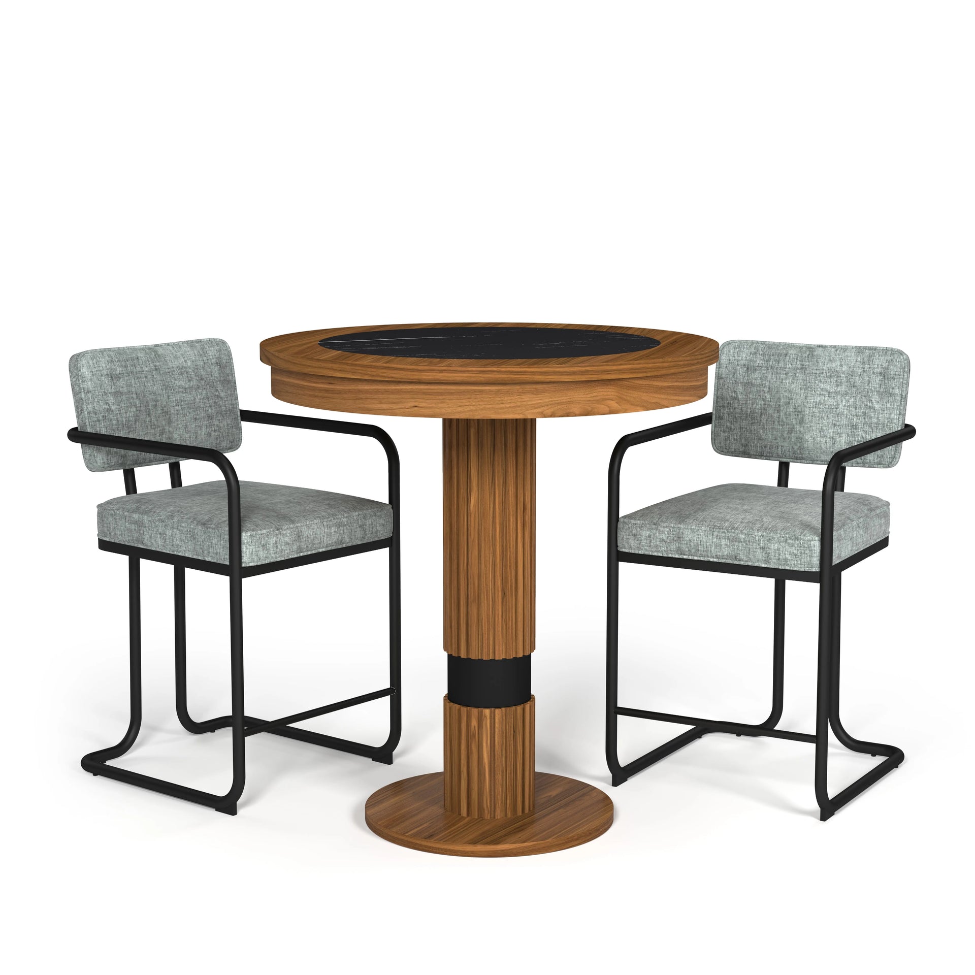 Walnut Prohibition Series Pub Table with black laminate top, flanked by two gray upholstered bar stools.