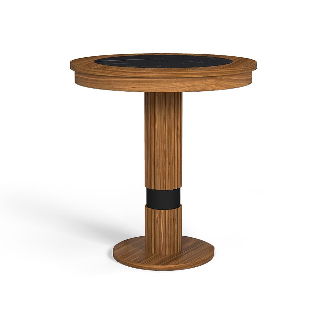 RAM Prohibition Series Pub Table in Matt Walnut stain with a textured black laminate inlay top.