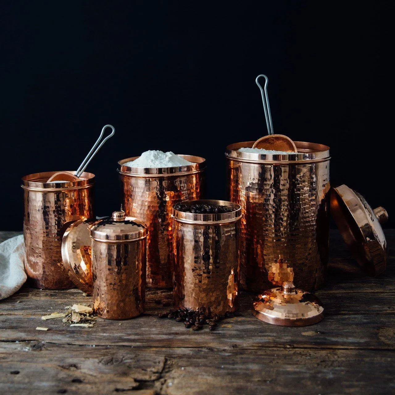 Copper Kitchen Canisters - Complete 5 piece Set hammered copper
