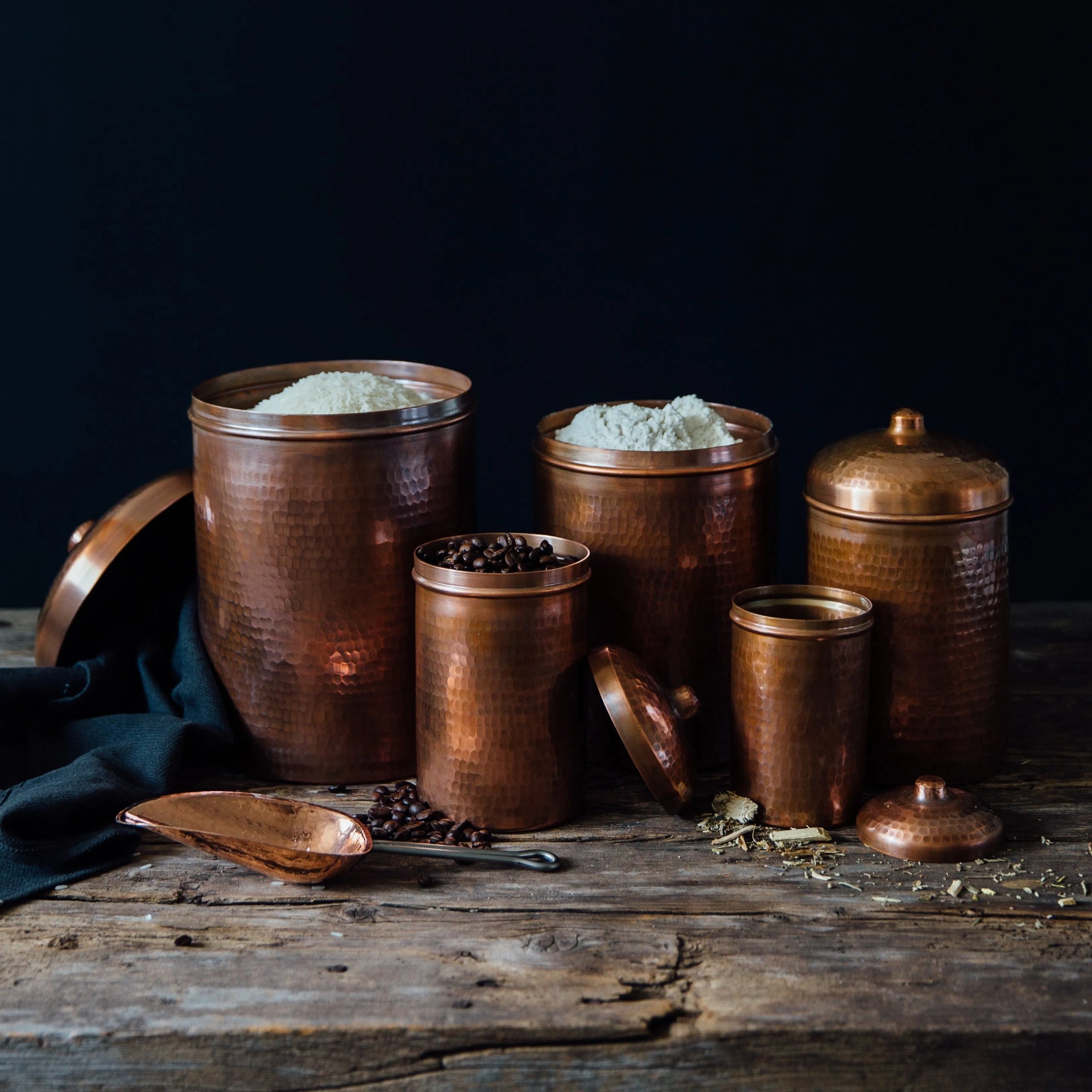 Copper Kitchen Canisters - Complete 5 piece Set - lifestyle shot