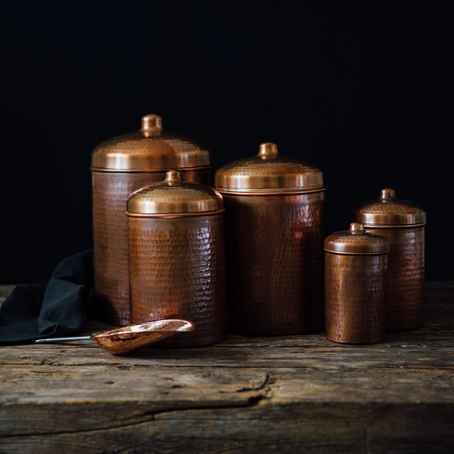 Copper Kitchen Canisters - Complete 5 piece Set - alternate angle