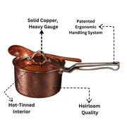 Hammered copper saucepan with lid and wooden spoon, featuring a patented ergonomic handle.