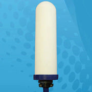 Guardflow 2-inch diatomaceous earth ceramic water filter cartridge with a durable white shell and blue mounting base.