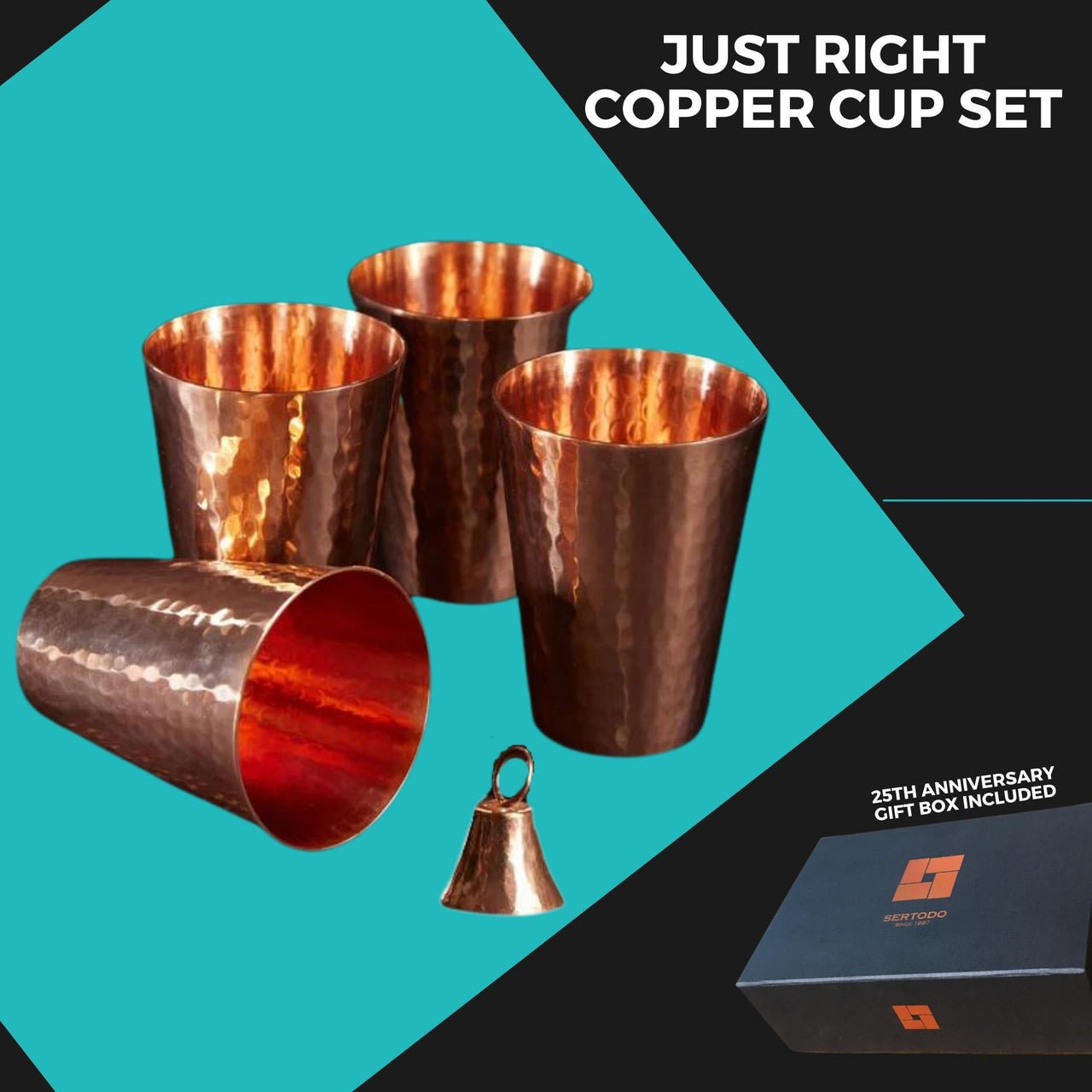Four hand-hammered 10-ounce copper cups and a small copper bell, with a black gift box.