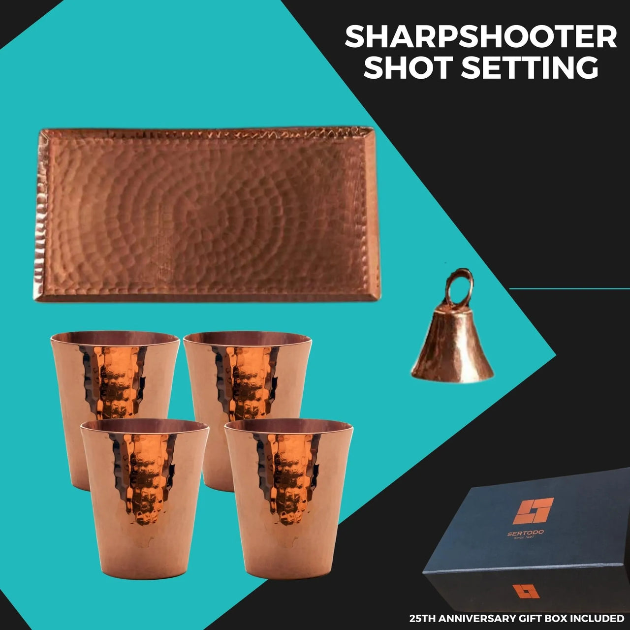 Four solid copper, hammered 2oz sharpshooter shot cups with an 8x4 tray, bell, and gift box.