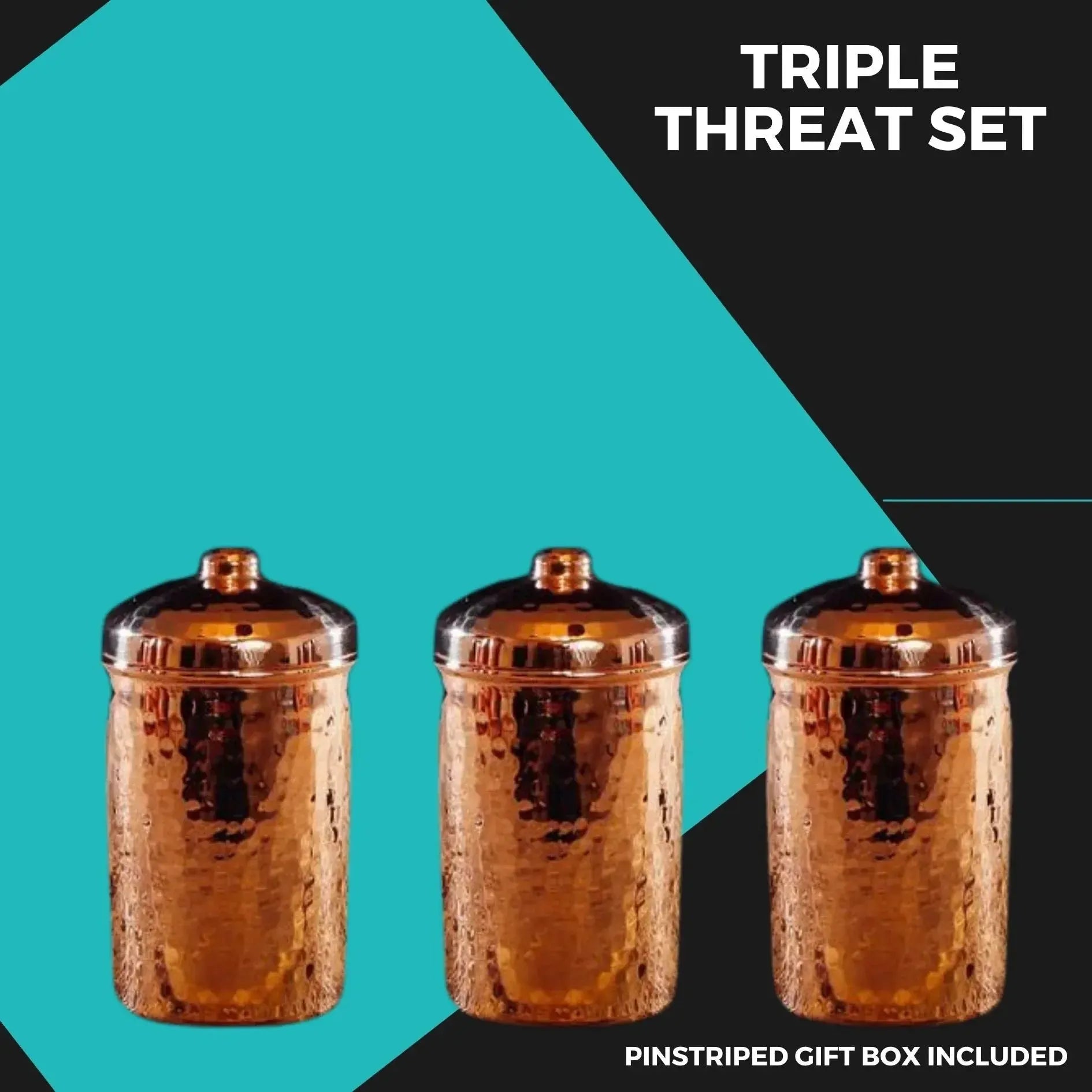Three hammered copper canisters with lids, 5x3 inches, for coffee, tea, or sugar.