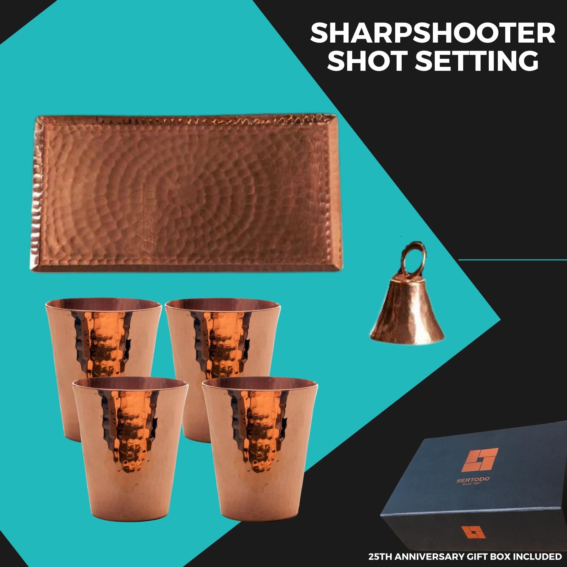 Four solid copper, hammered 2oz sharpshooter shot cups with an 8x4 tray, bell, and gift box.