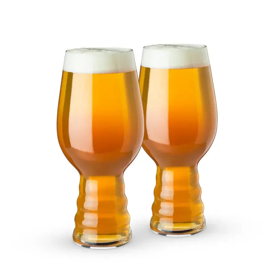 Two Spiegelau Craft IPA Beer Glasses, clear crystal with golden beer and white foam.