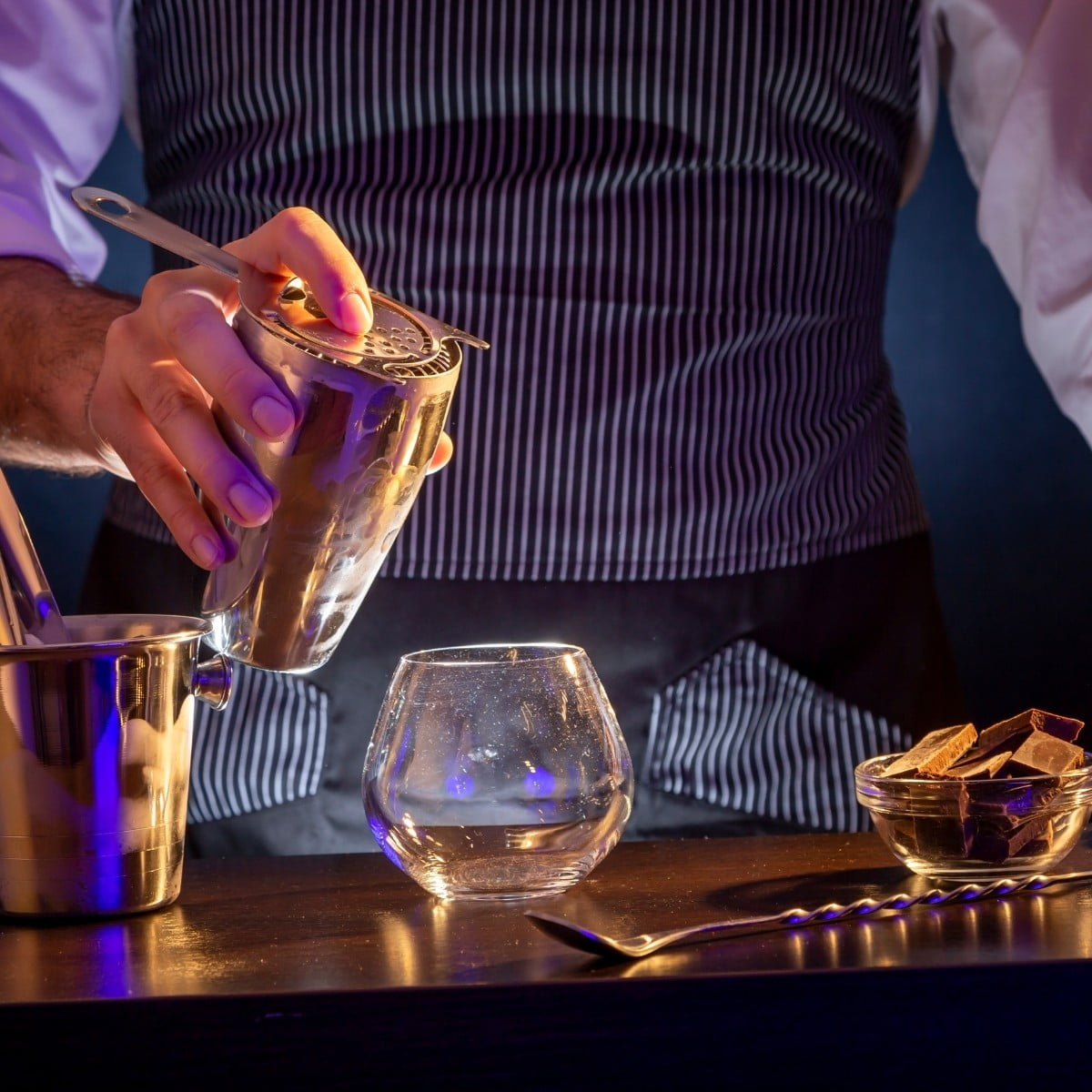 Cocktail shaker, jigger, and bar spoon mixing tools set