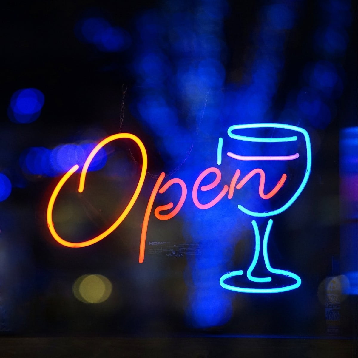 OPEN blue-border neon sign and Neonetics LED Bar Is Open sign