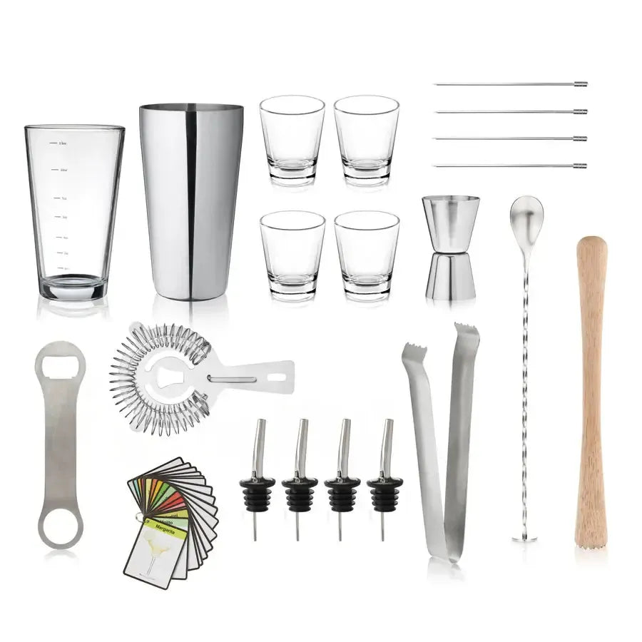 True 20-piece stainless steel and glass mixologist barware set with bamboo muddler and recipe cards.