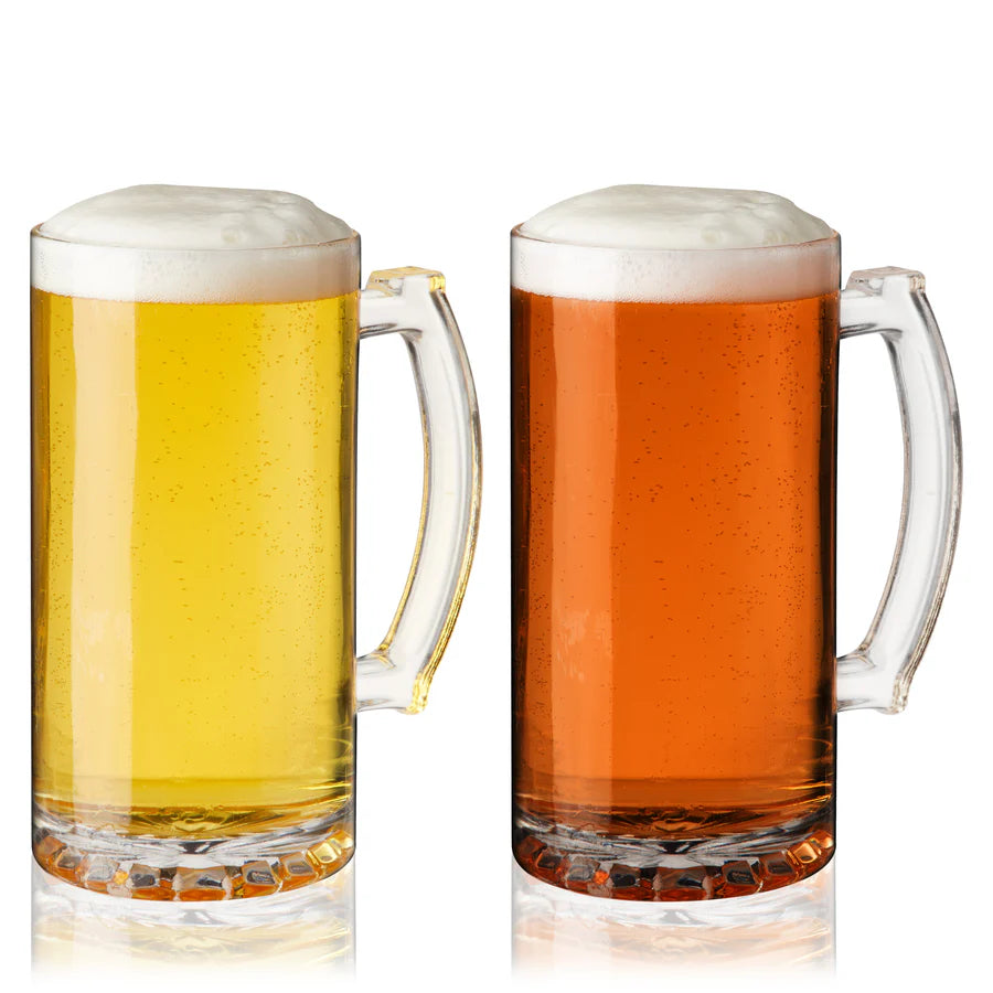 Two 26 oz clear glass beer steins with handles, one filled with golden pilsner, one with amber ale.