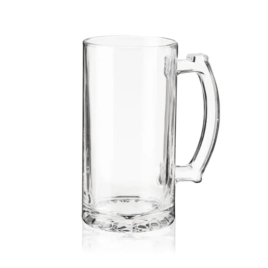 Clear, thick glass 26 oz beer stein with a sturdy handle and heavy base.