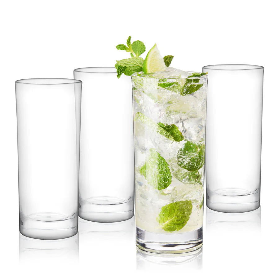Set of 4 clear 11 oz True Highball cocktail glasses, one filled with a mojito.