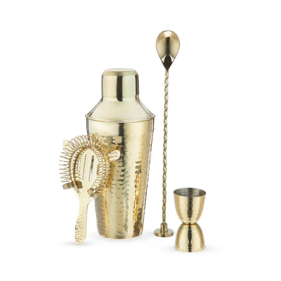 Twine Hammered 4-piece gold stainless steel barware set with shaker, jigger, strainer, and muddler spoon.