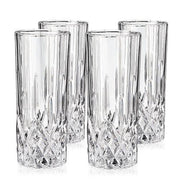 Set of 4 clear lead-free crystal highball glasses with tall silhouette, heavy base, and cut-crystal details.