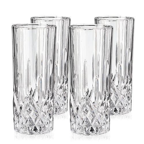 Set of 4 clear lead-free crystal highball glasses with tall silhouette, heavy base, and cut-crystal details.