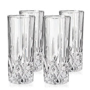 Set of 4 clear lead-free crystal highball glasses with tall silhouette, heavy base, and cut-crystal details.