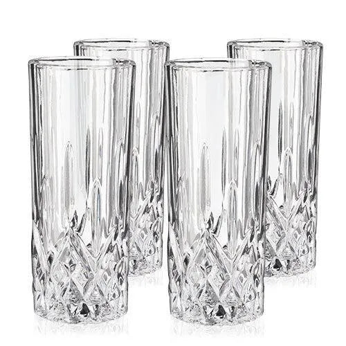 Set of 4 clear lead-free crystal highball glasses with tall silhouette, heavy base, and cut-crystal details.