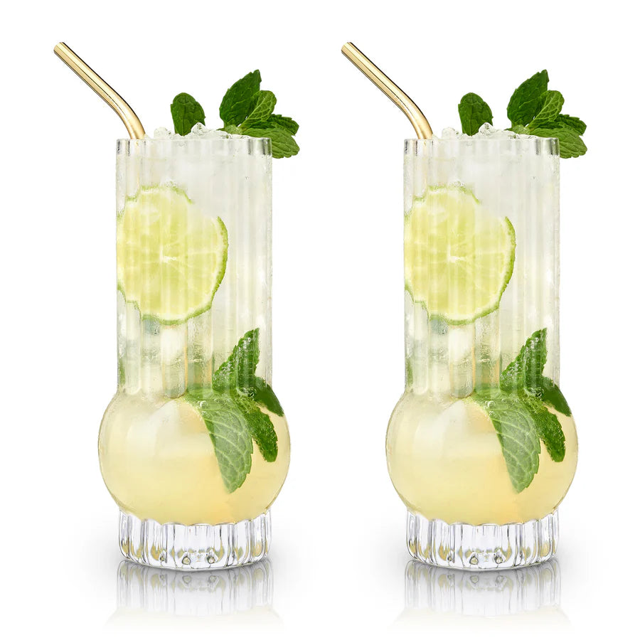 Set of 2 Viski Art Deco crystal highball glasses with Mojitos, lime, mint, and gold straws.