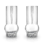 Set of 2 clear Viski Art Deco crystal highball glasses with ribbed details and round bases.