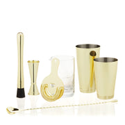 Viski Belmont 7-piece gold-plated stainless steel barware set with crystal mixing glass, shaker tins, and tools.