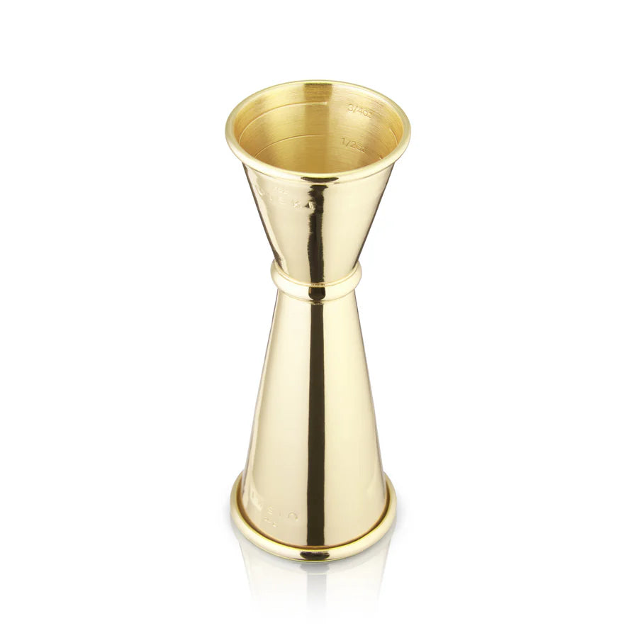 Gold Viski Belmont Japanese-style double jigger with 1 and 2 oz sections and internal measurements.