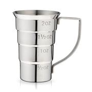 Stainless steel stepped jigger with handle, showing 1/2 oz, 1 oz, 1 1/2 oz, and 2 oz measurements.