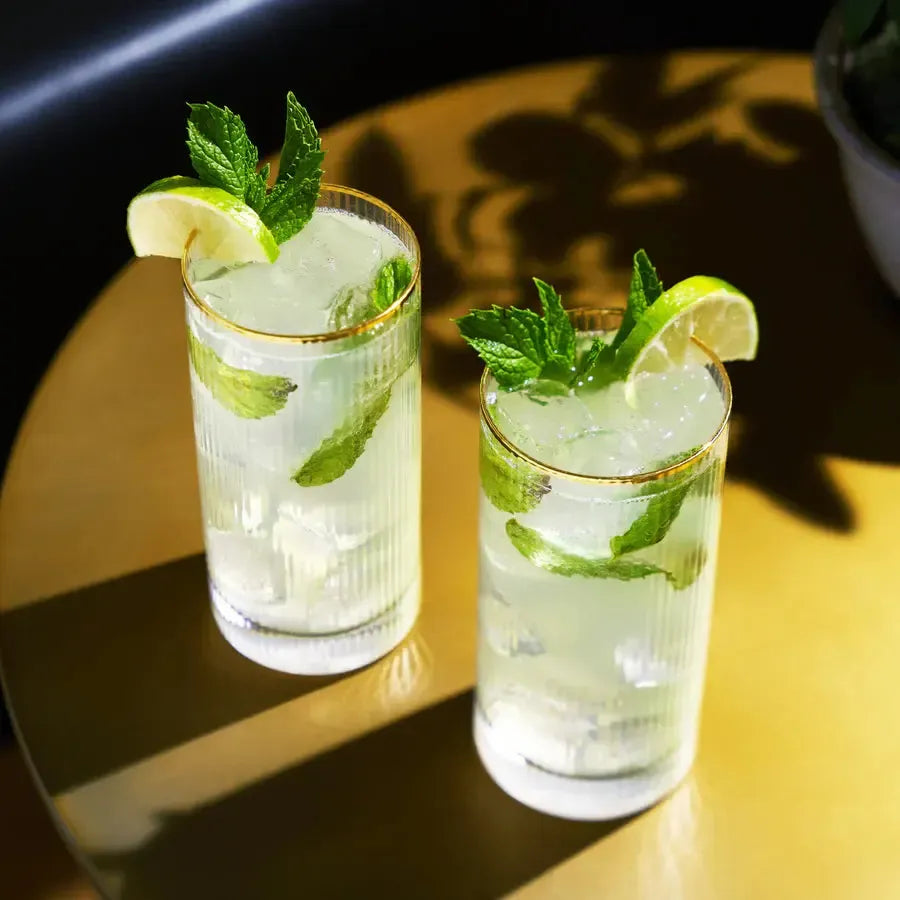 Two Viski Meridian 15 oz. lead-free crystal highball glasses with gold rims, filled with mojitos.