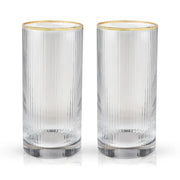 Set of 2 Viski Meridian lead-free crystal highball glasses with vertical ripples and gold rims.