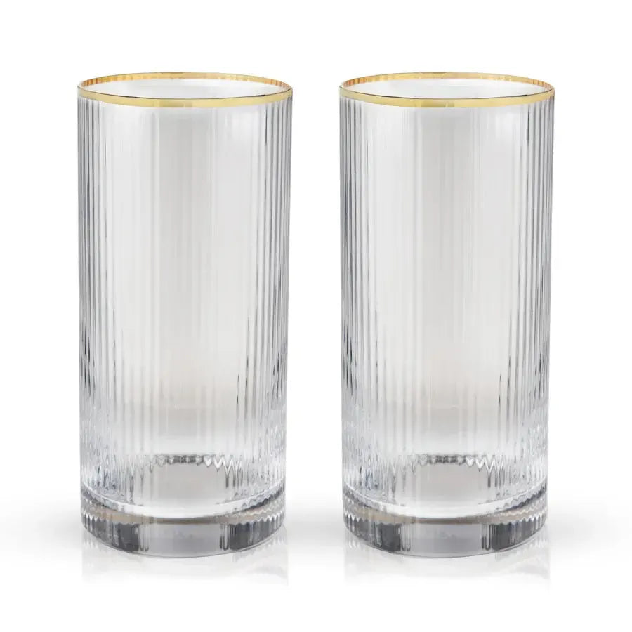Set of 2 Viski Meridian lead-free crystal highball glasses with vertical ripples and gold rims.