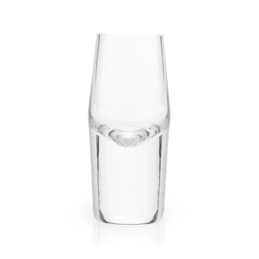 Clear lead-free crystal shot glass with a heavy base and polished curving rim.