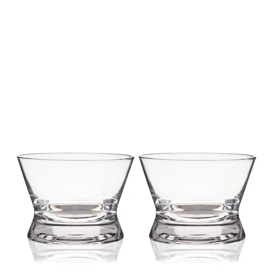 Set of two clear lead-free crystal tequila tasting glasses with wide bowls and flared lips.