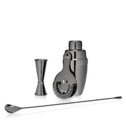 Viski Warren 4-piece barware set in gunmetal: shaker, strainer, double jigger, and weighted bar spoon.