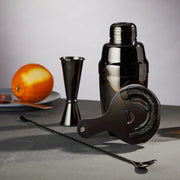 Viski Warren 4-piece gunmetal stainless steel barware set: shaker, jigger, strainer, and bar spoon.
