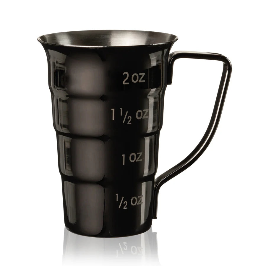 Gunmetal stainless steel stepped jigger with handle, showing 1/2 oz to 2 oz measurements.
