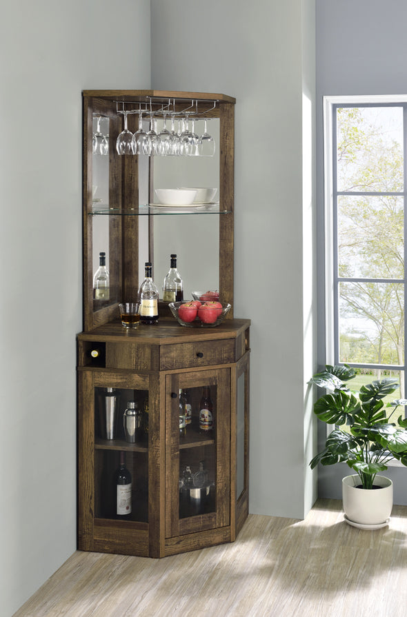 Coaster Furniture Corner Bar Cabinet With Stemware Rack Rustic Oak